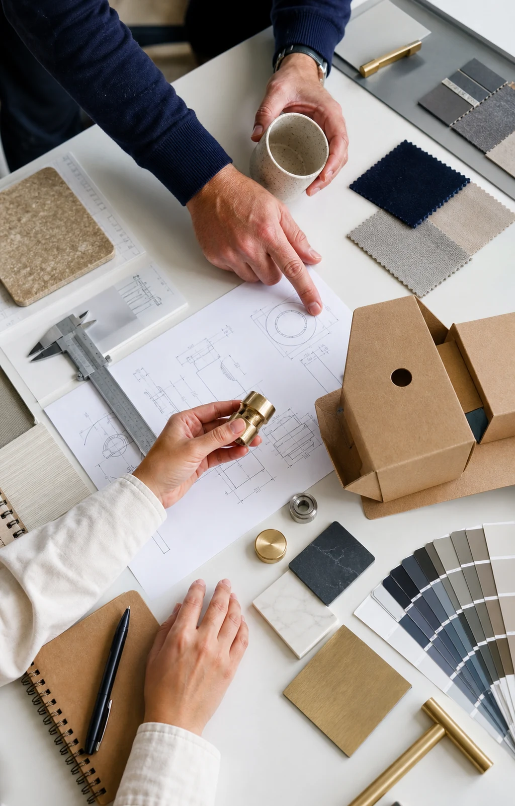 Sourcing review table with product samples, materials, packaging and specifications